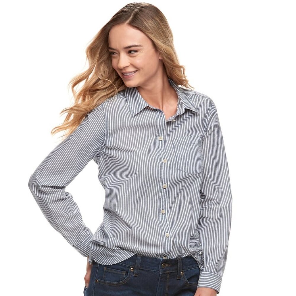 NWT Sonoma Goods for Life Essential Poplin Shirt Womens S Blue Striped Button Up
